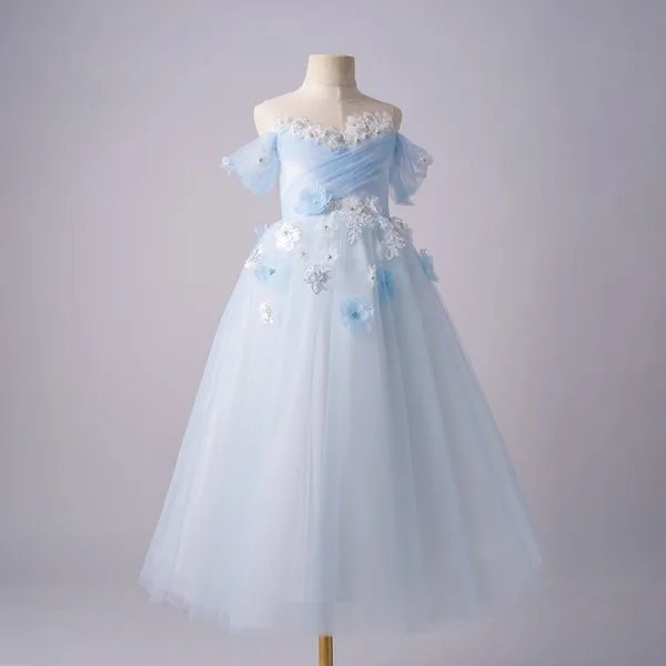 Chic / Beautiful Sky Blue Pearl Sequins Appliques Birthday Flower Girl Dresses 2025 A-Line / Princess Scoop Neck Short Sleeve Backless Floor-Length / Long Flower Girl Dresses