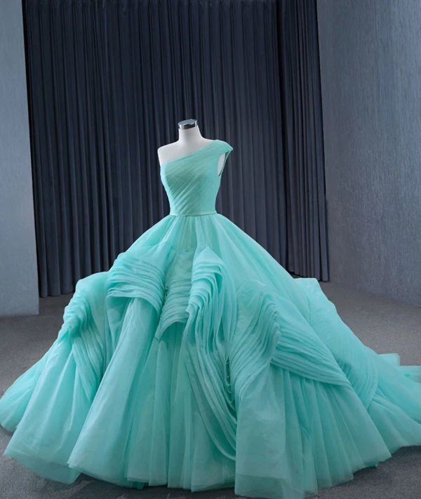 High-end Mint Green Cascading Ruffles Prom Dresses 2024 Ball Gown One-Shoulder Sleeveless Backless Court Train Prom Formal Dresses