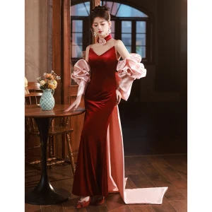 Charmant Bordeaux Velours Robe De Bal 2024 Trompette Sirène Bretelles Spaghetti Manches Courtes Dos Nu Noeud Longue Promo Robe De Ceremonie