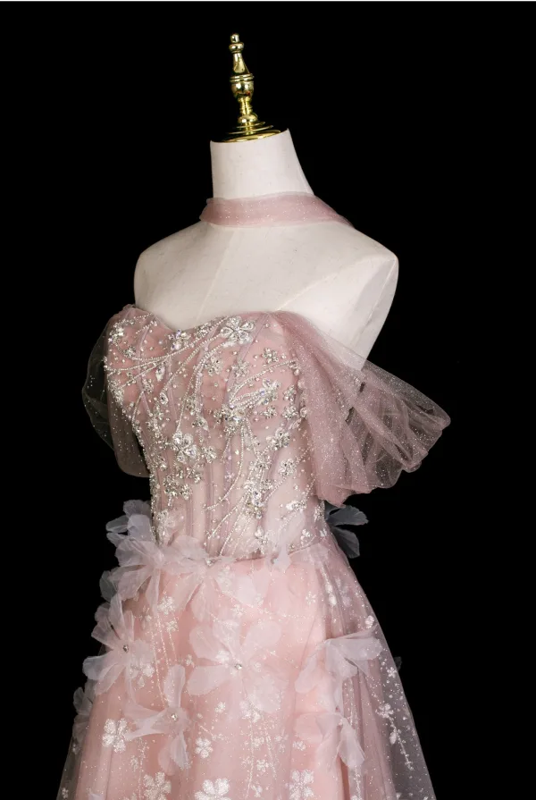 Wróżka Kwiatowa Rumieniąc Różowy Cekinami Rhinestone Perła Aplikacje Sukienki Na Bal 2025 Princessa Przy Ramieniu Kótkie Rękawy Bez Pleców Długie Sukienki Wizytowe