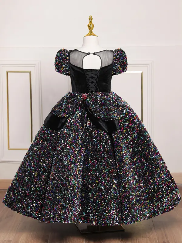Sparkly Multi-Colors Sequins Birthday Black Flower Girl Dresses 2022 Ball Gown Scoop Neck Puffy Short Sleeve Backless Floor-Length / Long Flower Girl Dresses