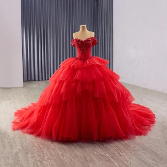 Luxe Rouge Fait Main Perlage Paillettes Volants En Cascade Robe De Mariée 2025 Robe Boule De L Épaule Manches Courtes Dos Nu Royal Train Mariage