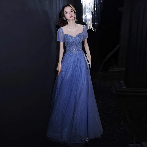 Chic / Beautiful Champagne Beading Sequins Prom Dresses 2024 A-Line / Princess Scoop Neck Short Sleeve Backless Floor-Length / Long Prom Formal Dresses