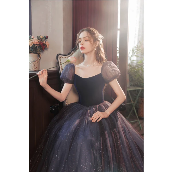 Elegant Purple Suede Sequins Prom Dresses 2022 A-Line / Princess Square Neckline Puffy Short Sleeve Backless Floor-Length / Long Prom Formal Dresses