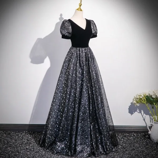 Bling Bling Black Star Sequins Prom Dresses 2025 A-Line / Princess V-Neck Short Sleeve Backless Floor-Length / Long Formal Dresses