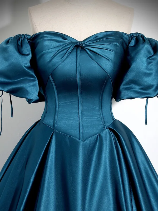 Vintage / Retro Ocean Blue Prom Dresses 2025 Ball Gown Off-The-Shoulder Puffy Short Sleeve Backless Floor-Length / Long Formal Dresses