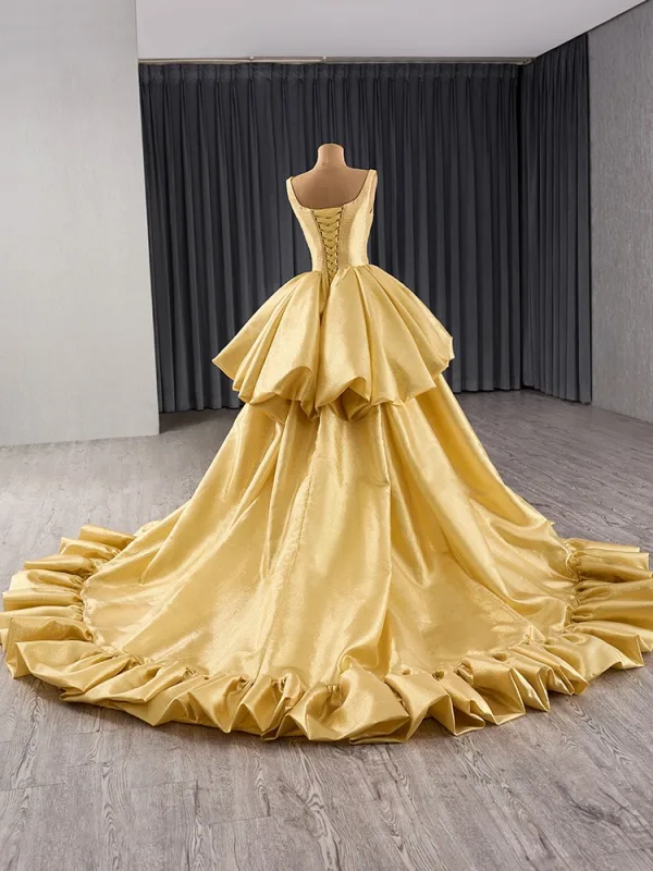 Couture Gold Cascading Ruffles Prom Dresses 2024 Ball Gown V-Neck Sleeveless Backless Chapel Train Prom Formal Dresses