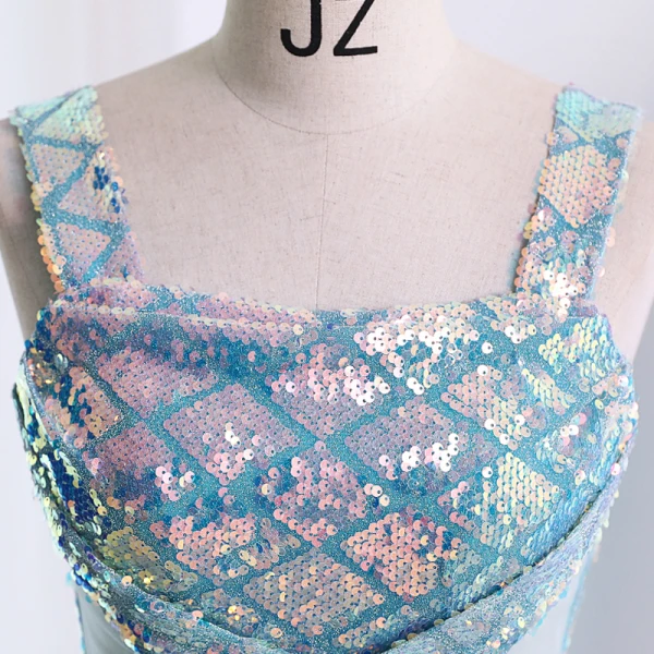 Glitzernden Himmelblau Pailletten Ballkleider 2023 A Linie Eckiger Ausschnitt Ärmellos Rückenfreies Sweep / Pinsel Zug Ball Festliche Kleider