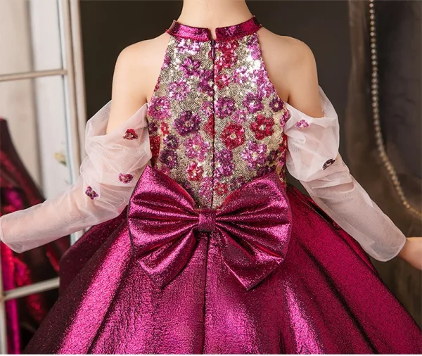 Chic / Beautiful Fuchsia Sequins Bow Birthday Flower Girl Dresses 2025 Ball Gown High Neck Sweep Train Long Sleeve