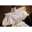 Vintage / Retro Ivory Lace Flower Appliques Satin Wedding Dresses 2023 Ball Gown V-Neck Puffy Short Sleeve Backless Sweep Train Wedding