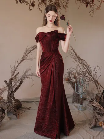 Charmant Bordeaux Trompette Sirène Robe De Bal 2024 De L Épaule Dos Nu Longue Promo Robe De Ceremonie