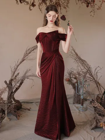 Charming Burgundy Trumpet Mermaid Prom Dresses 2024 Off The Shoulder Backless Floor Length Long Prom Formal Dresses