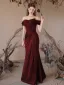 Charming Burgundy Trumpet / Mermaid Prom Dresses 2024 Off-The-Shoulder Backless Floor-Length / Long Prom Formal Dresses