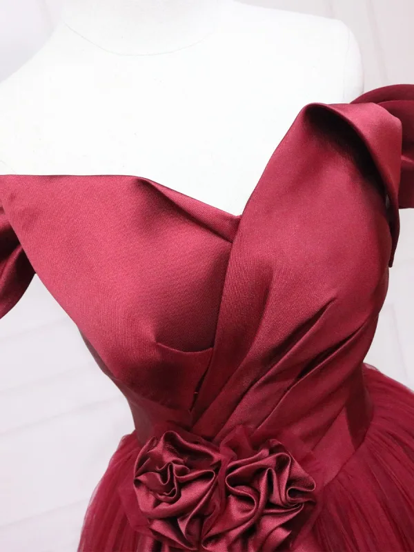 Elegant Burgundy Prom Dresses 2025 Ball Gown Off-The-Shoulder Short Sleeve Backless Floor-Length / Long Prom Formal Dresses