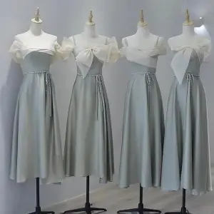 Modest Simple Grey Satin Bridesmaid Dresses 2022 A Line Princess Spaghetti Straps Short Sleeve Pearl Sash Backless Tea Length Bridesmaid Dresses