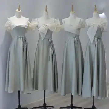 Modest Simple Grey Satin Bridesmaid Dresses 2022 A Line Princess Spaghetti Straps Short Sleeve Pearl Sash Backless Tea Length Bridesmaid Dresses