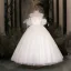 Elegant White Pearl Birthday Flower Girl Dresses 2024 Ball Gown Scoop Neck Short Sleeve Backless Floor-Length / Long Tulle
