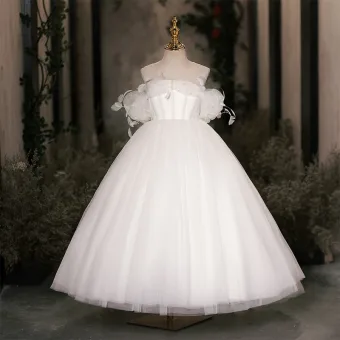 Elegant White Pearl Birthday Flower Girl Dresses 2024 Ball Gown Scoop Neck Short Sleeve Backless Floor Length Long Tulle