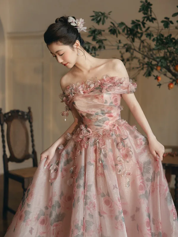 Flower Fairy Blushing Pink Appliques Printing A-Line / Princess Prom Dresses 2025 Off-The-Shoulder Sleeveless Backless Floor-Length / Long Prom Formal Dresses
