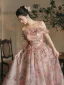 Flower Fairy Blushing Pink Appliques Printing A-Line / Princess Prom Dresses 2025 Off-The-Shoulder Sleeveless Backless Floor-Length / Long Prom Formal Dresses