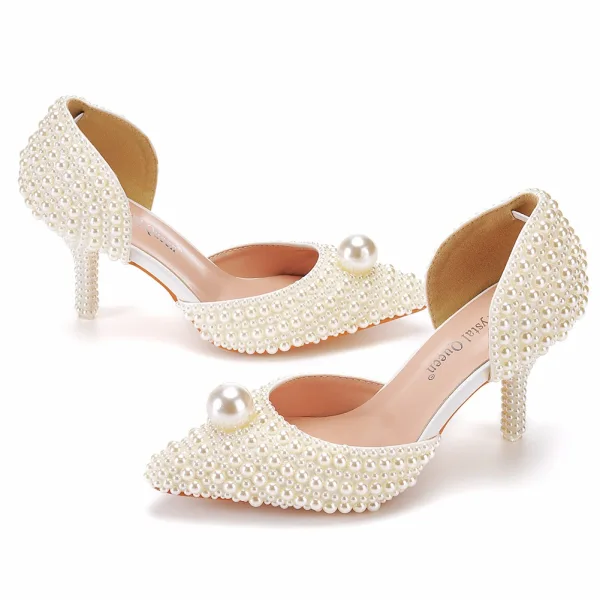 Chic / Beautiful White Pearl Wedding Shoes 2022 7 cm Stiletto Heels Pointed Toe Wedding High Heels