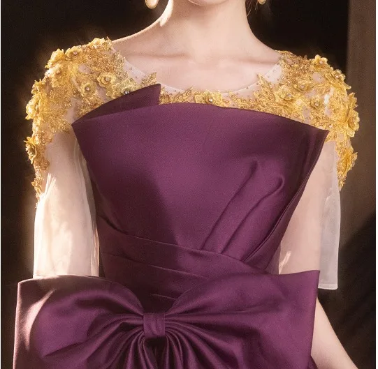 Elegant Purple Beading Lace Flower Bow Satin Prom Dresses 2025 A-Line / Princess Scoop Neck Short Sleeve Backless Floor-Length / Long Prom Formal Dresses