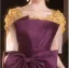 Elegant Purple Beading Lace Flower Bow Satin Prom Dresses 2025 A-Line / Princess Scoop Neck Short Sleeve Backless Floor-Length / Long Prom Formal Dresses