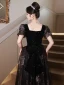 Chic / Beautiful Black Beading Pearl Sequins Evening Dresses 2023 A-Line / Princess Square Neckline Short Sleeve Backless Floor-Length / Long Evening Party Formal Dresses
