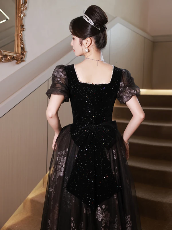 Chic / Beautiful Black Evening Dresses 2023 A-Line / Princess Square Neckline Pearl Rhinestone Short Sleeve Backless Floor-Length / Long Evening Party Formal Dresses