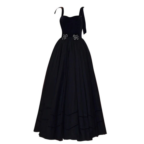 Chic / Beautiful Black Rhinestone Bow Prom Dresses 2022 A-Line / Princess Spaghetti Straps Sleeveless Backless Floor-Length / Long Prom Formal Dresses