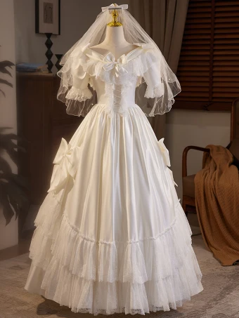Vintage Retro Medieval Ivory Satin Bow Lace Wedding Dresses 2024 A Line Princess V Neck Short Sleeve Backless Floor Length Long Wedding