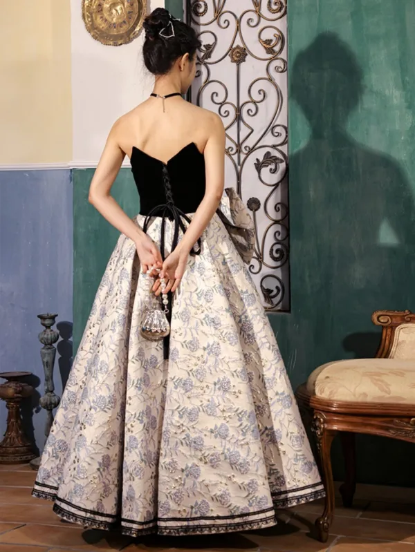 Vintage / Retro Black Printing Prom Dresses 2022 Ball Gown Strapless Sleeveless Backless Bow Sash Floor-Length / Long Formal Dresses