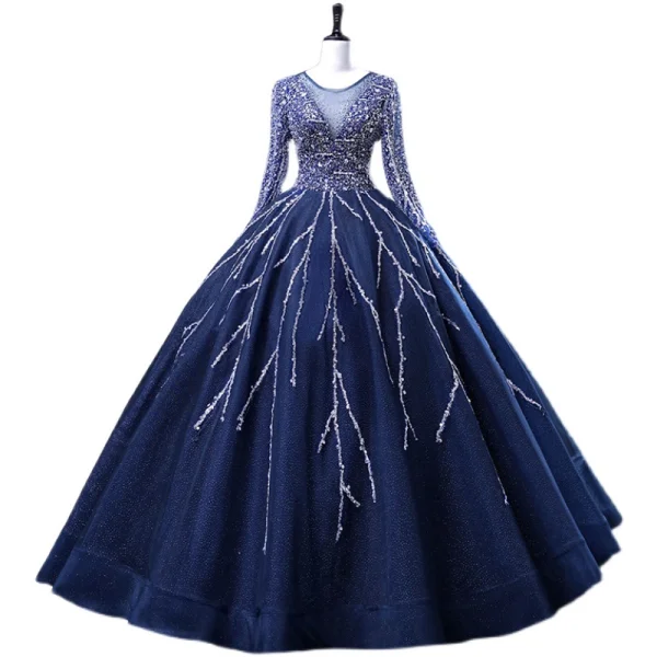 Vintage / Originale Bleu Marine Perlage Paillettes Robe De Bal 2022 Robe Boule Encolure Dégagée Dos Nu Manches Longues Longue Promo Robe De Ceremonie