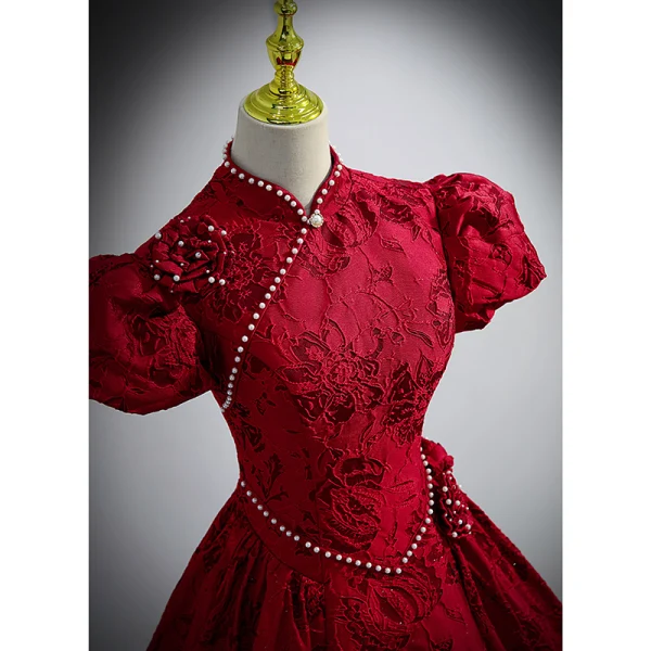 Elegant Burgundy Prom Dresses 2022 Ball Gown High Neck Pearl Lace Flower Short Sleeve Backless Floor-Length / Long Formal Dresses