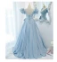 Style Audrey Hepburn Bleu Ciel Dos Nu Robe De Bal 2021 Encolure Carrée Manches Courtes Bretelles croisées Longue Satin Promo Princesse Robe De Cérémonie