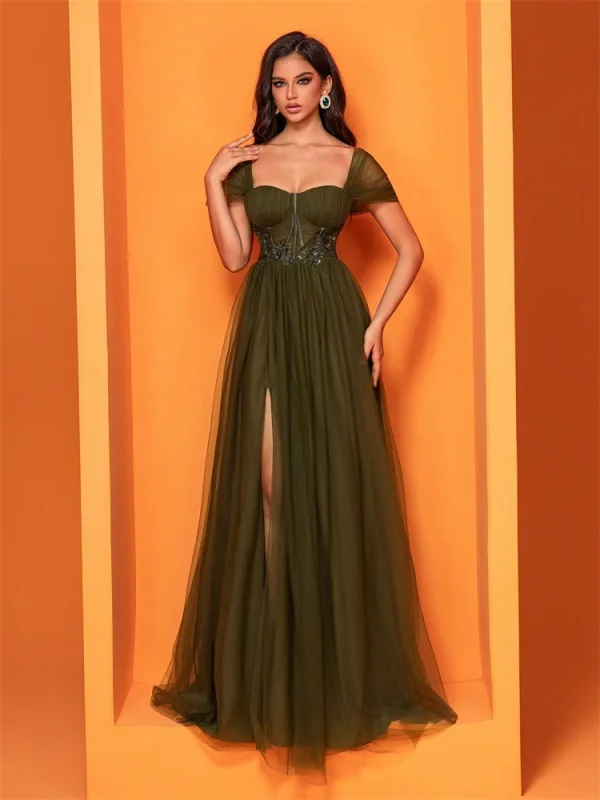 Chic / Belle Vert Foncé Fendue devant Robe De Bal 2025 Trompette / Sirène Encolure Carrée Manches Courtes Dos Nu Longue Robe De Ceremonie