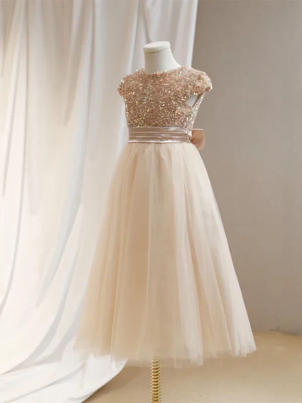 Sparkly Gold Sequins Birthday Flower Girl Dresses 2024 A-Line / Princess Scoop Neck Cap Sleeves Bow Sash Floor-Length / Long Tulle