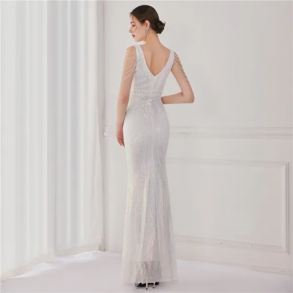 Scintillantes Blanche Paillettes Robe De Soirée 2022 Trompette / Sirène V-Cou Perlage Gland Sans Manches Dos Nu Longue Soirée Robe De Ceremonie
