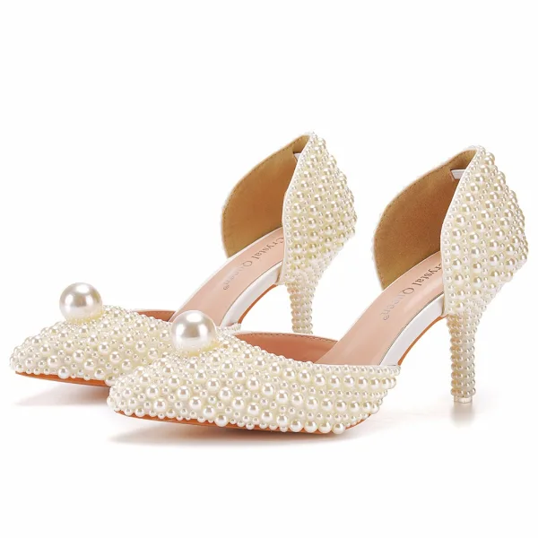 Chic / Beautiful White Pearl Wedding Shoes 2022 7 cm Stiletto Heels Pointed Toe Wedding High Heels