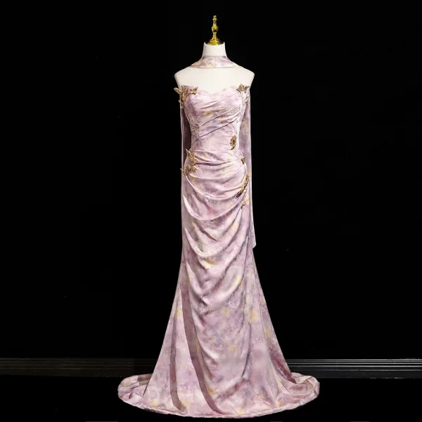 Charmant Rosa Strass Schmetterling Drucken Abendkleider 2025 Meerjungfrau Bandeau Ärmellos Rückenfreies Sweep / Pinsel Zug Abend Festliche Kleider