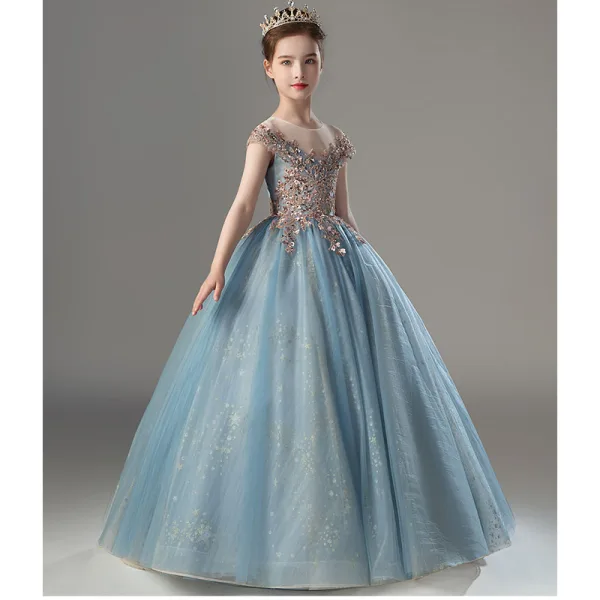 Fashion Sky Blue Beading Sequins Flower Girl Dresses 2022 Birthday Ball Gown Scoop Neck Sleeveless Backless Floor-Length / Long