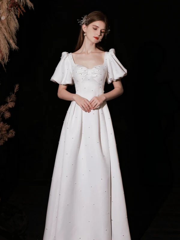 Modest / Simple Ivory Pearl Satin Prom Dresses 2022 A-Line / Princess Square Neckline Puffy Short Sleeve Floor-Length / Long Formal Dresses