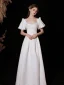 Modest / Simple Ivory Pearl Satin Prom Dresses 2022 A-Line / Princess Square Neckline Puffy Short Sleeve Floor-Length / Long Formal Dresses
