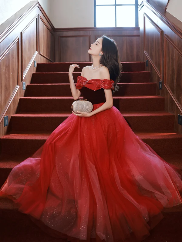 Classy Red Suede Sequins Evening Dresses 2022 A-Line / Princess Off-The-Shoulder Sleeveless Backless Floor-Length / Long Evening Party Formal Dresses