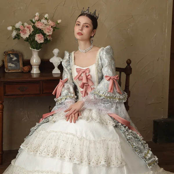 Vintage / Retro Medieval White Lace Flower Bow Prom Dresses 2024 Ball Gown Square Neckline Bell sleeves Floor-Length / Long Prom Formal Dresses