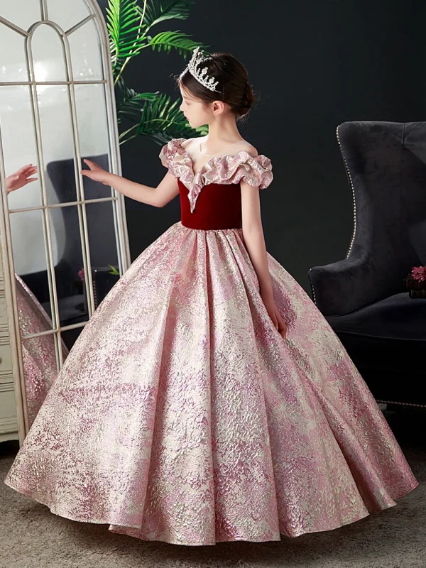 Bling Bling Burgundy Sequins Birthday Flower Girl Dresses 2023 Ball Gown Scoop Neck Ruffle Short Sleeve Floor-Length / Long Flower Girl Dresses