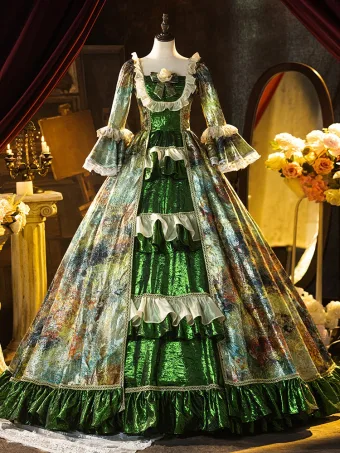 Vintage Medieval Verde Glitter Bowknot Cosplay Lolita Vestidos De Gala 2024 Ball Gown Escote Cuadrado Mangas De Campana Sin Espalda Largos Vestidos Formales