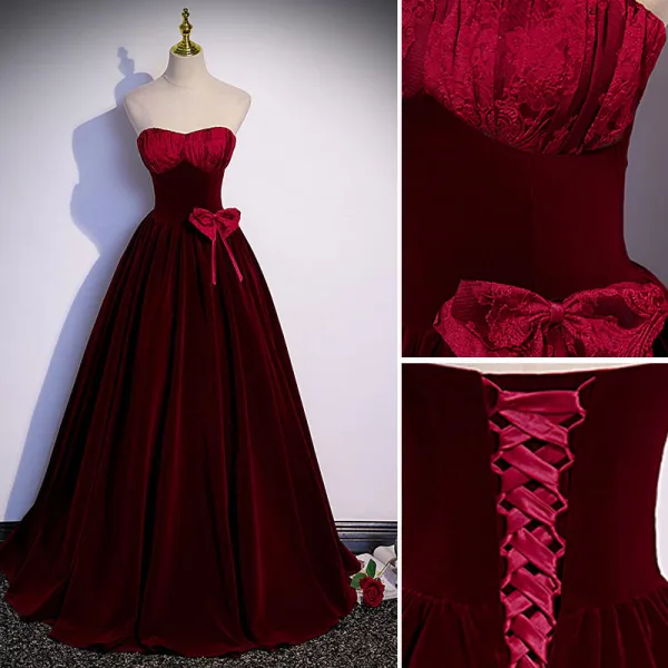 Elegant Burgundy Suede Prom Dresses 2022 A-Line / Princess Strapless Sleeveless Backless Bow Floor-Length / Long Formal Dresses