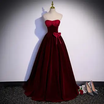 Elegant Burgundy Suede Prom Dresses 2022 A Line Princess Strapless Sleeveless Backless Bow Floor Length Long Formal Dresses