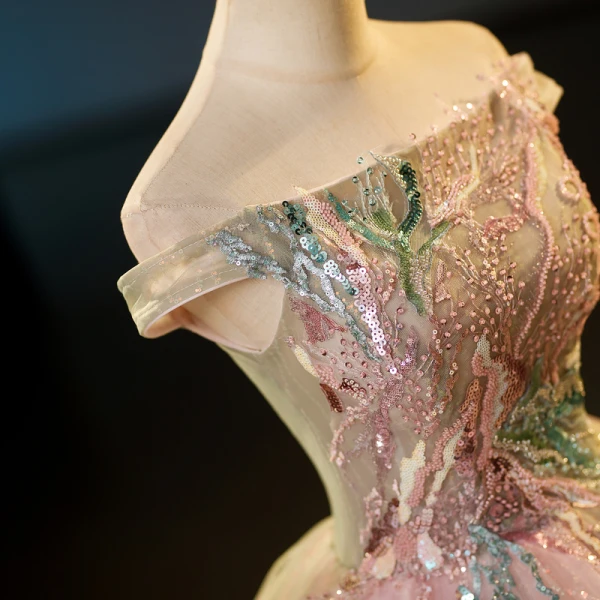 Élégant Rougissant Rose Perlage Paillettes En Dentelle Fleur Robe De Bal 2023 Robe Boule De l'épaule Sans Manches Dos Nu Longue Robe De Bal